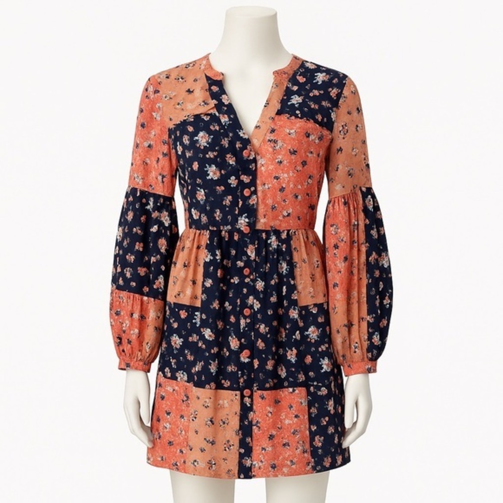 Kori Boho Patchwork Floral Lantern Sleeve Dress | Size L | NWOT | Est. $50 MSRP